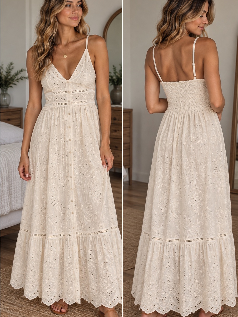 Simplee Apparel Cream Eyelet Maxi Dress with Spaghetti Straps